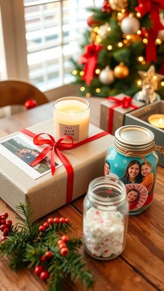 A collection of DIY Christmas gifts for mom including a candle, photo album, and bath salts on a decorated table.